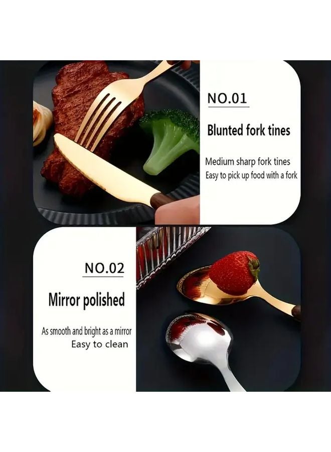 5pcs Stainless Steel Gold Plated Wood Grain Steak Knife Fork Spoon Set - Image 4